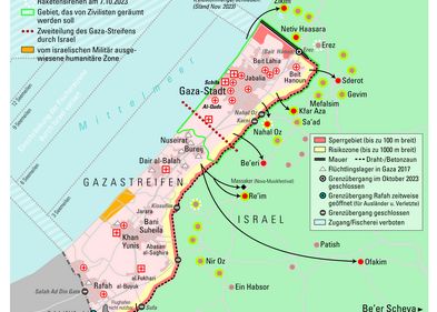 Zu sehen ist eine Landkarte des Gaza-Streifens vom Oktober 2023. Eingezeichnet sind Krankenhäuser, militärische Sperrzonen und die Stätten des Angriffs der Hamas-Terroristen in Israel.