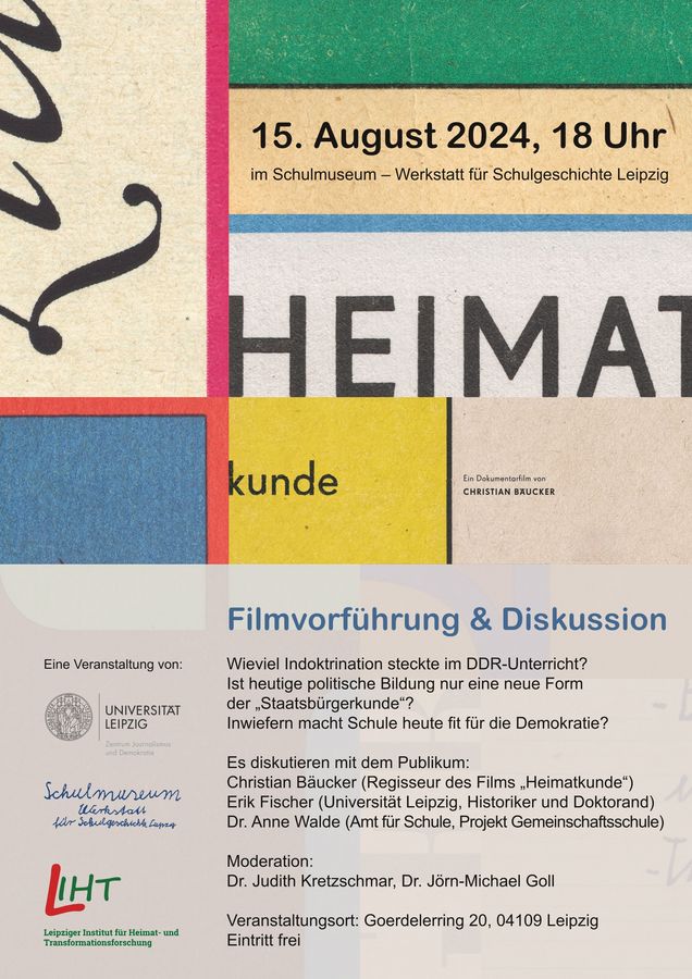 zur Vergrößerungsansicht des Bildes: Veranstaltungplakat zur Vorführung und Diskussion des Films "Heimatkunde" am 15. August 2024