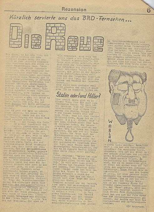 zur Vergrößerungsansicht des Bildes: Beitrag aus der „public“: Besprechung des sowjetischen Films „Die Reue“, der nur im Westfernsehen lief (Jahresende 1987). Repro: Stefan Schwarz